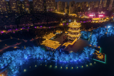 中国陕西省西安市大唐芙蓉园望春阁夜景航拍