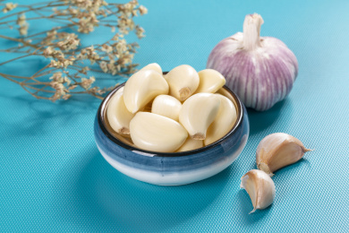 具有保健功效的大蒜摆放在蓝色背景上