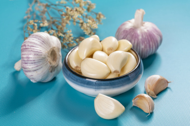 具有保健功效的大蒜摆放在蓝色背景上