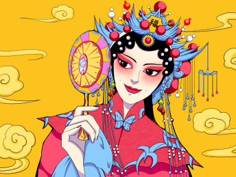 手拿镜子的京剧花旦 国潮风现代插画