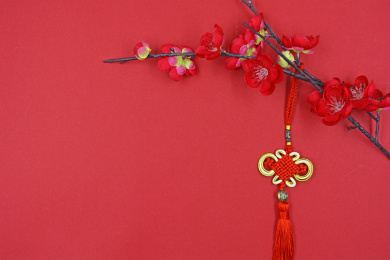 红色的梅花花枝上挂着一串金边红色中国结，红色背景