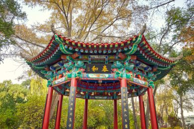 青海省西宁市人民公园秋天时的仿古休息亭子