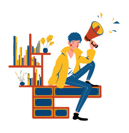 手拿喇叭的人坐在书架旁  扁平人物插画