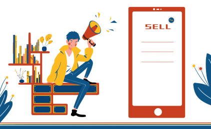 手拿喇叭的人坐在书架旁 轻松氛围的广告宣传插画 活动促销培训创意插画模板