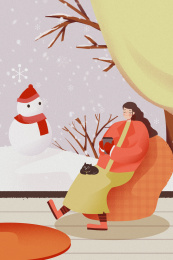 卡通手绘小雪节气冬天女孩室内喝茶插画