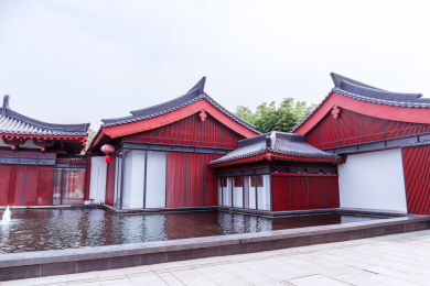 中国风红色复古的瓦房建筑