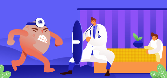  卡通手绘医疗医生手持盾牌拯救癌症患者海报插画