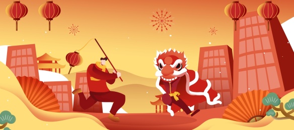 卡通手绘新年舞狮提灯笼红色喜庆详情页头图插画