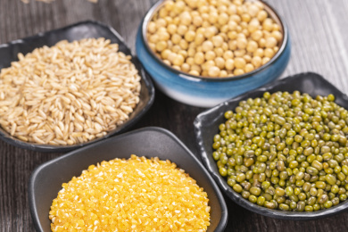 黄豆玉米糁绿豆燕麦米粗粮杂粮摆放在桌面上