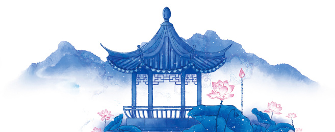 手绘古风场景青花凉亭建筑远山荷花