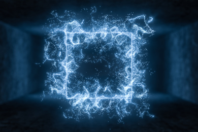 黑暗房间内的发光线条与粒子 三维渲染