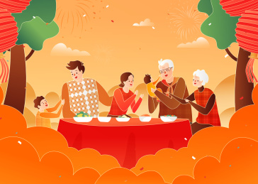 2020年新年年俗春节年夜饭团圆饭家人卡通中国风矢量背景插画