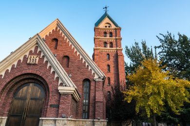 中国天津市马场道银杏树与教堂