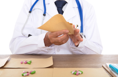 医生把配好的药用草纸包起来