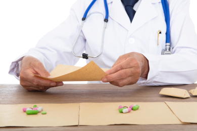 大夫把给患者的药品分疗程使用草纸包起来