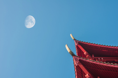 蓝天下的古建筑楼檐与月亮美景