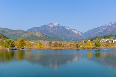 中国湖北黄冈罗田九资河镇河西畈村水中红叶秋景