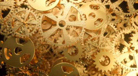 金色齿轮运转机械元件三维空间场景