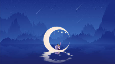 布满繁星的深蓝色夜空下远处的群山和湖面上坐在弯月上的情侣矢量插画
