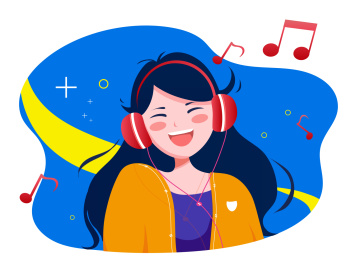 开心的带着耳机听音乐的女孩  戴着耳机唱歌的人矢量插画