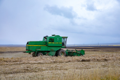 秋天的农场上收割机在收割麦子