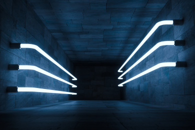 三维渲染，黑暗房间内的发光灯管