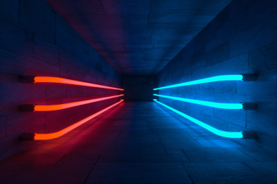 三维渲染，黑暗房间内的发光灯管