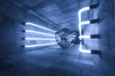 三维渲染，黑暗房间内的发光灯管