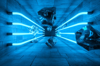 三维渲染，黑暗房间内的发光灯管