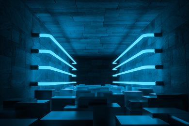 三维渲染，黑暗房间内的发光灯管