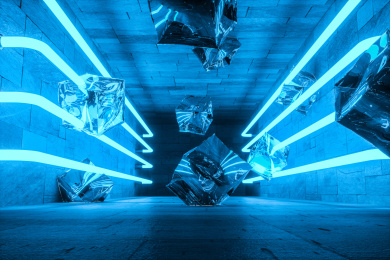 三维渲染，黑暗房间内的发光灯管