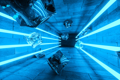 三维渲染，黑暗房间内的发光灯管