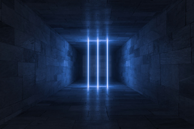 三维渲染，黑暗房间内的发光灯管