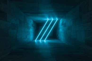 三维渲染，黑暗房间内的发光灯管