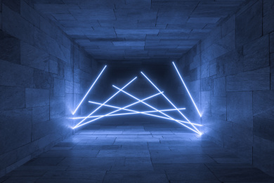 三维渲染，黑暗房间内的发光灯管