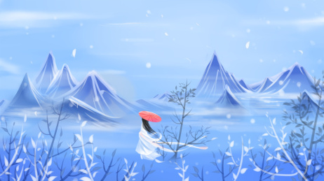 蓝色的冰天雪地中少女举着一把红伞,唯美卡通冬季美景,浪漫古风插画