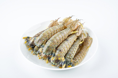 白背景上一碟新鲜的皮皮虾