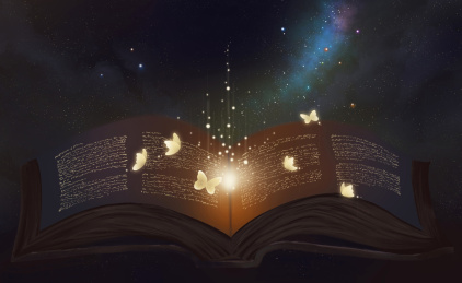 翻开的书页上有发光的蝴蝶 古老的书籍幻化出的蝴蝶精灵 超现实创意插画 数码绘画