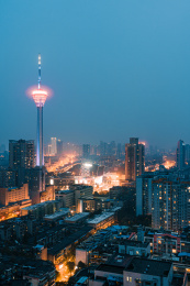 中国四川成都市区傍晚夜景灯光