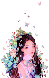 长发姑娘头发上很多美丽的花朵和蝴蝶 水彩插画