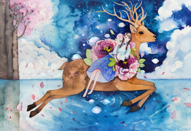 鹿带着民国少女在有繁星和鲜花的湖面上飞奔 水彩插画