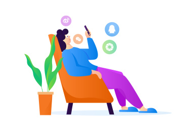 客厅里玩手机的女人， 矢量扁平人物场景创意概念插画