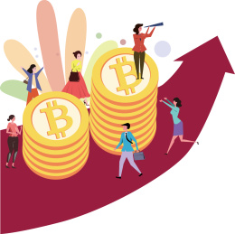 区块链全球火爆，投资者与比特币在红色上涨箭头上