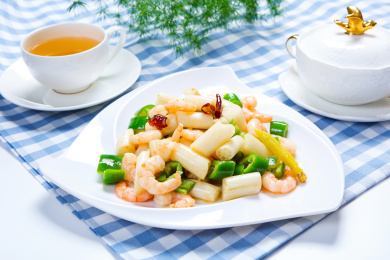美食小吃炒菜青椒藕带清炒虾仁