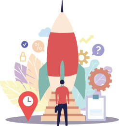 商务财经速度， 职员在火箭前定位和前进的目标