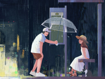 夜晚雨夜打伞路边等人的女人