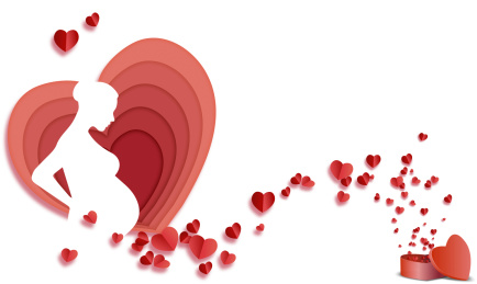 白色背景剪纸风格心形背景的孕妇剪影