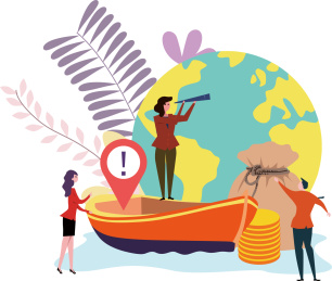 白底金融插画概念，商务职员布局投资全球