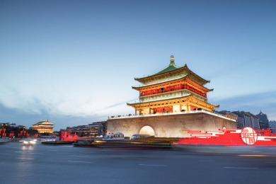 陕西西安钟鼓楼日落后的夜景