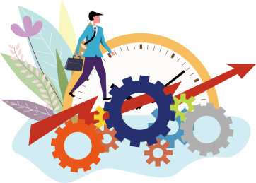 企业改革行动时间，白底背景商务人士在齿轮和箭头的指标上